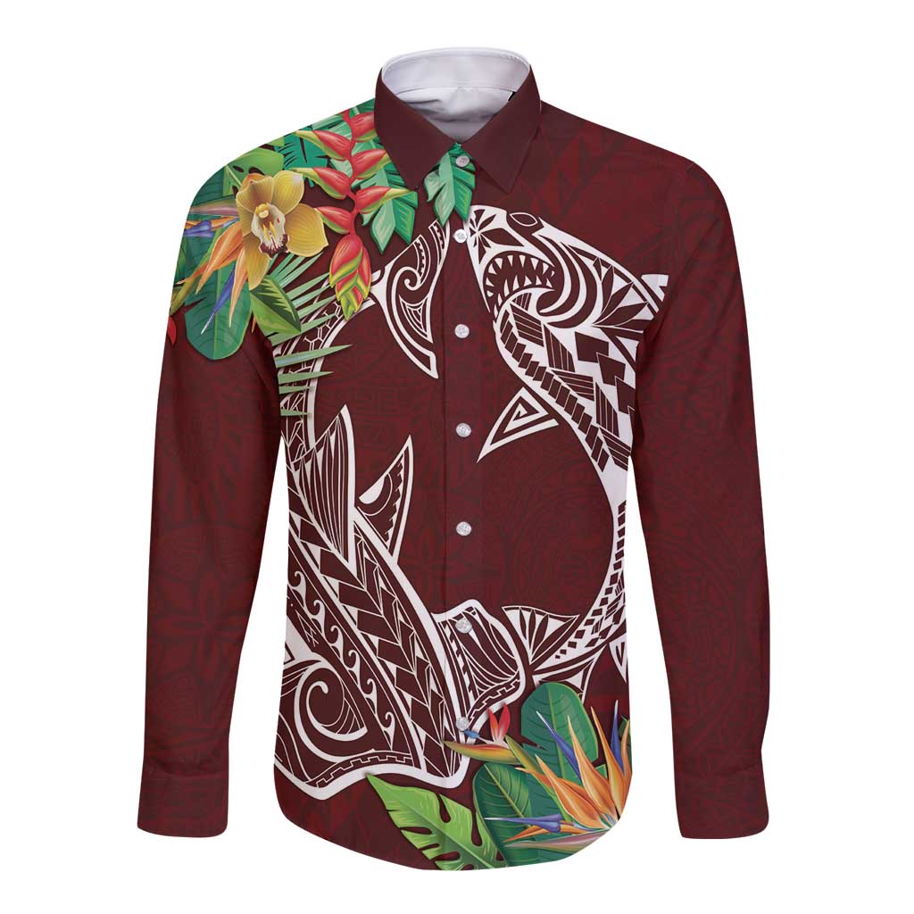 Polynesia Long Sleeve Button Shirt Sharks Duo Tropical Oxblood LT7 Unisex Oxblood - Polynesian Pride