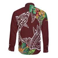 Polynesia Long Sleeve Button Shirt Sharks Duo Tropical Oxblood LT7 - Polynesian Pride