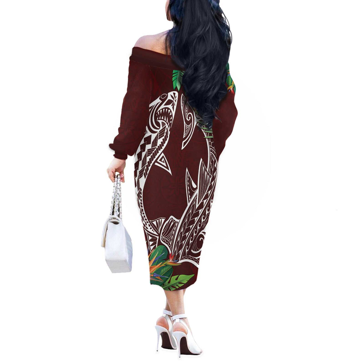 Polynesia Off The Shoulder Long Sleeve Dress Sharks Duo Tropical Oxblood LT7 - Polynesian Pride