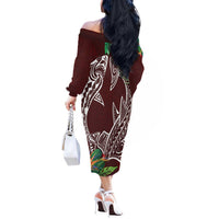 Polynesia Off The Shoulder Long Sleeve Dress Sharks Duo Tropical Oxblood LT7 - Polynesian Pride