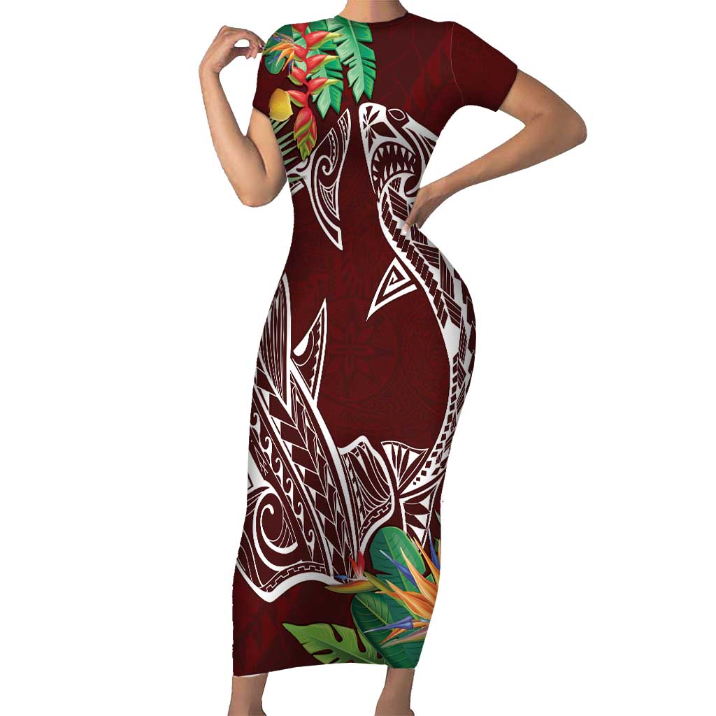 Polynesia Short Sleeve Bodycon Dress Sharks Duo Tropical Oxblood LT7 Long Dress Oxblood - Polynesian Pride