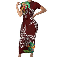 Polynesia Short Sleeve Bodycon Dress Sharks Duo Tropical Oxblood LT7 Long Dress Oxblood - Polynesian Pride
