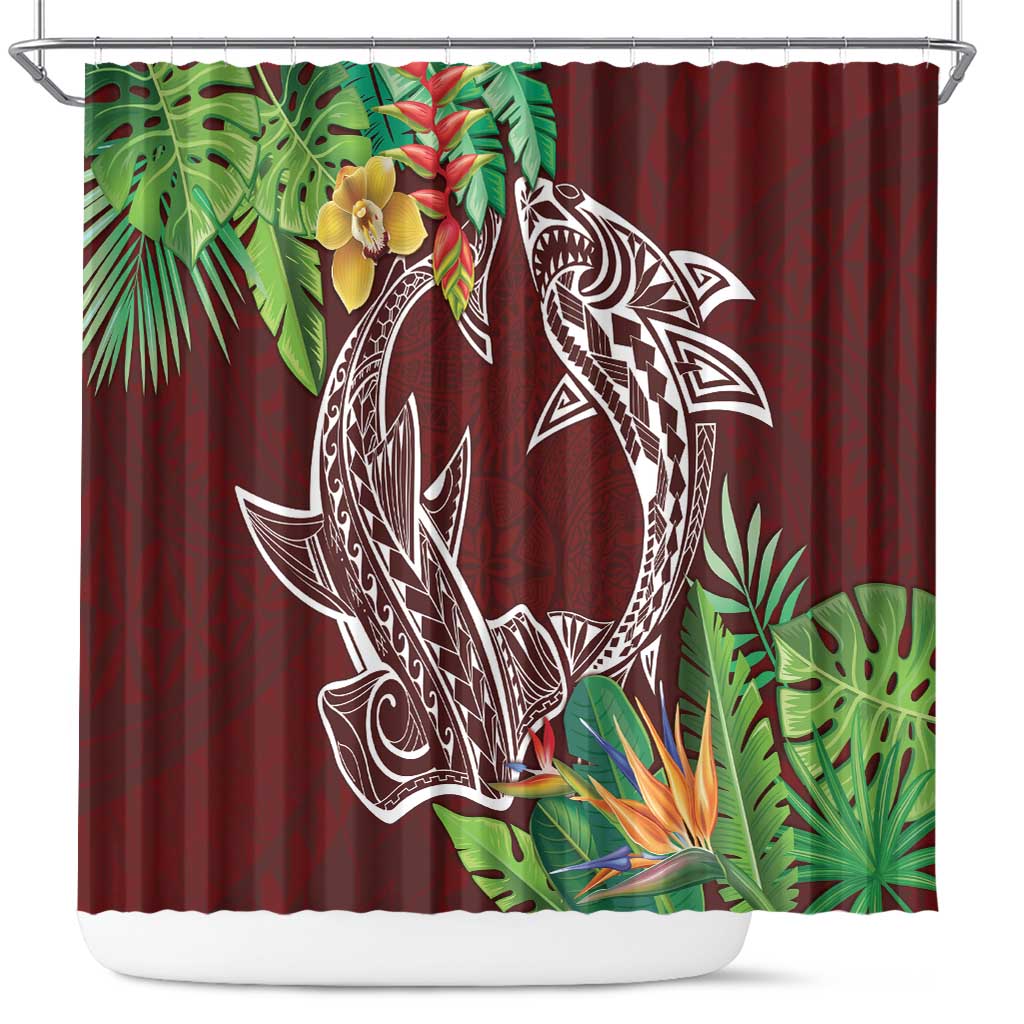 Polynesia Shower Curtain Sharks Duo Tropical Oxblood