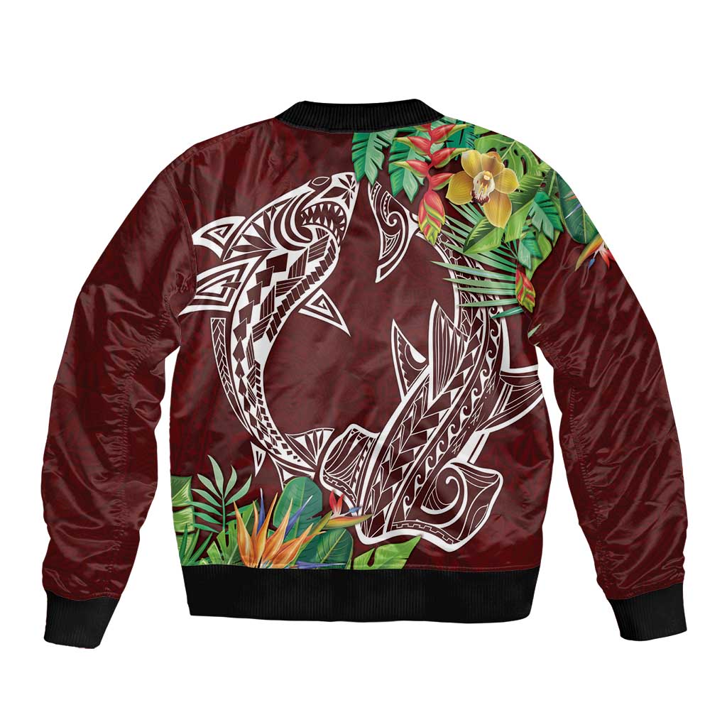 Polynesia Sleeve Zip Bomber Jacket Sharks Duo Tropical Oxblood LT7 - Polynesian Pride