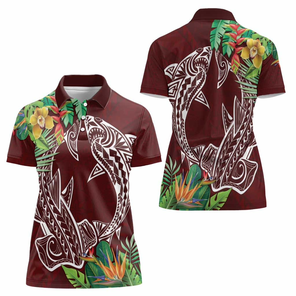 Polynesia Women Polo Shirt Sharks Duo Tropical Oxblood LT7 - Polynesian Pride