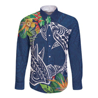 Polynesia Long Sleeve Button Shirt Sharks Duo Tropical Navy LT7 Unisex Navy - Polynesian Pride