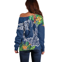 Polynesia Off Shoulder Sweater Sharks Duo Tropical Navy LT7 - Polynesian Pride