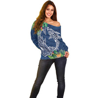 Polynesia Off Shoulder Sweater Sharks Duo Tropical Navy LT7 - Polynesian Pride