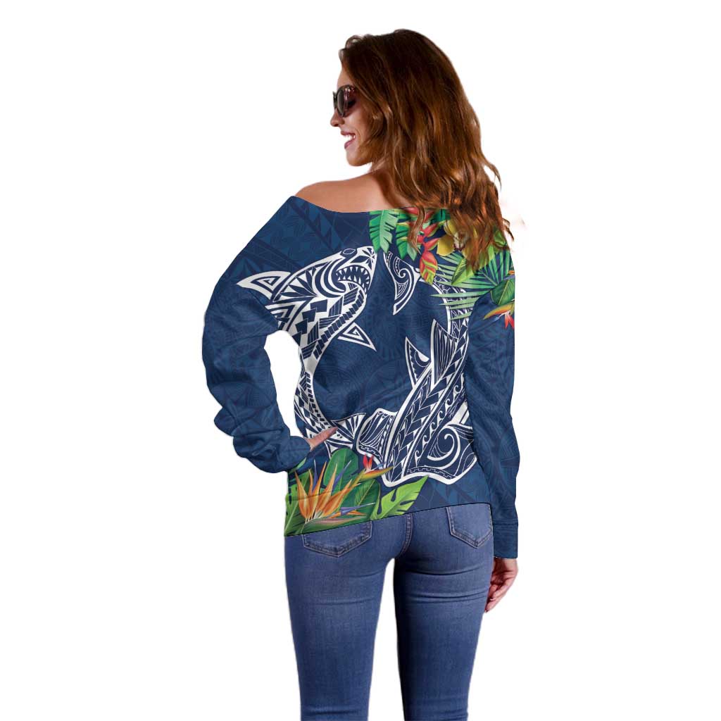 Polynesia Off Shoulder Sweater Sharks Duo Tropical Navy LT7 - Polynesian Pride