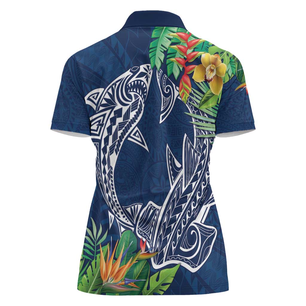 Polynesia Women Polo Shirt Sharks Duo Tropical Navy LT7 - Polynesian Pride