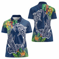 Polynesia Women Polo Shirt Sharks Duo Tropical Navy LT7 - Polynesian Pride