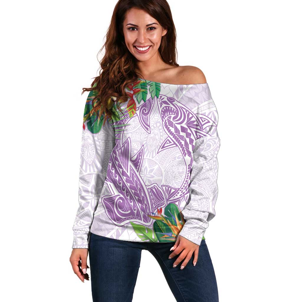 Polynesia Off Shoulder Sweater Sharks Duo Tropical Lavender LT7 Women Lavender - Polynesian Pride