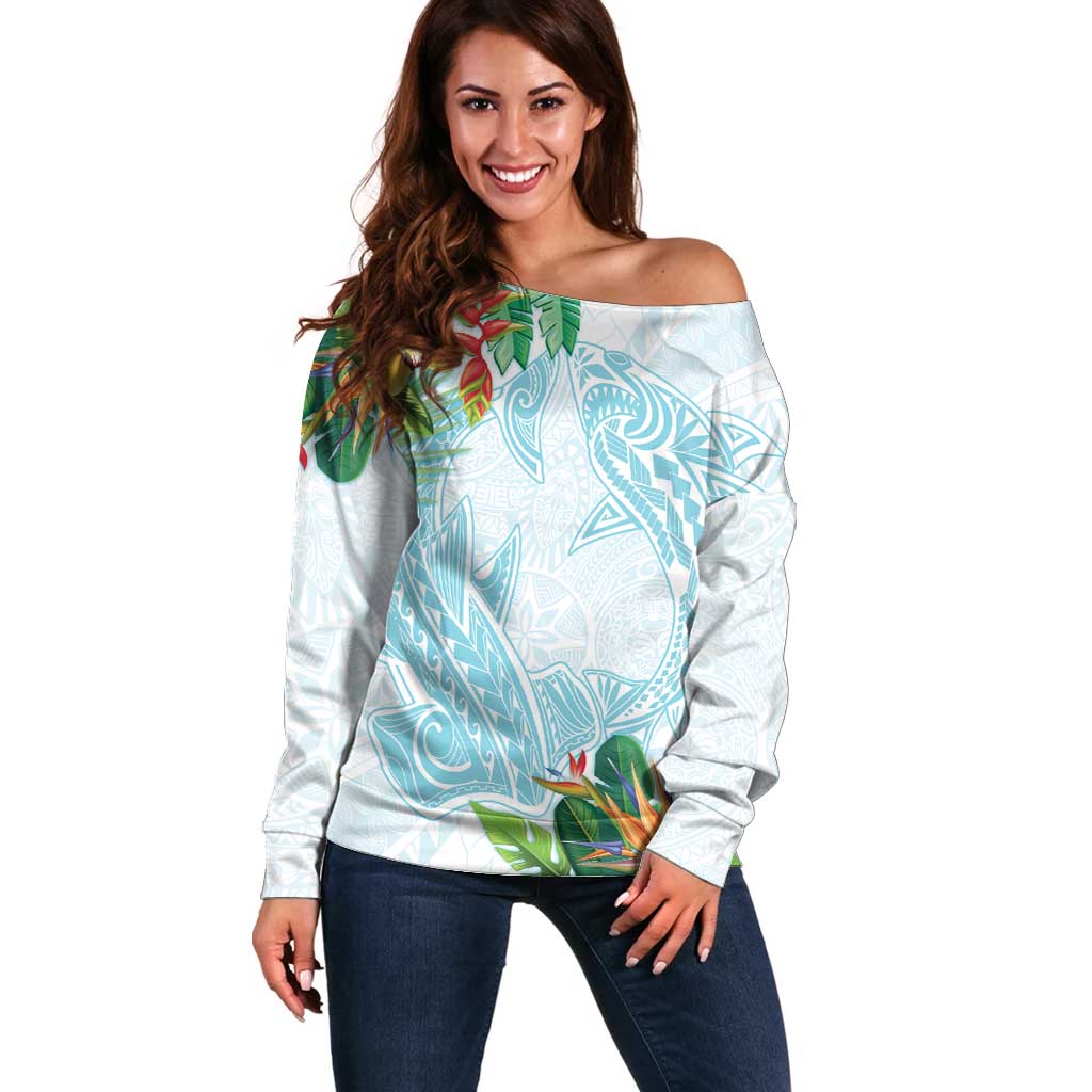 Polynesia Off Shoulder Sweater Sharks Duo Tropical Turquoise LT7 Women Turquoise - Polynesian Pride