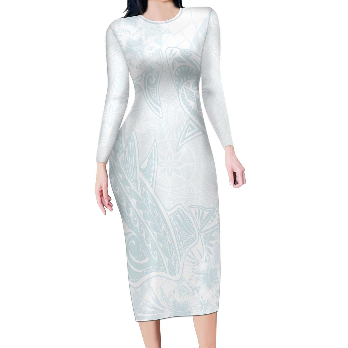 Polynesia Long Sleeve Bodycon Dress Sharks Duo Tropical Off White LT7 Long Dress White - Polynesian Pride