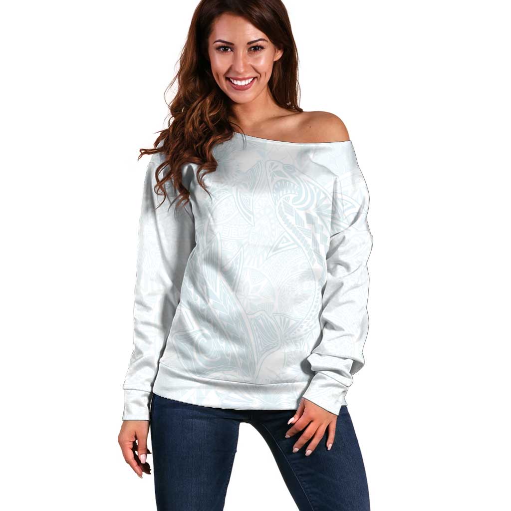 Polynesia Off Shoulder Sweater Sharks Duo Tropical Off White LT7 Women White - Polynesian Pride