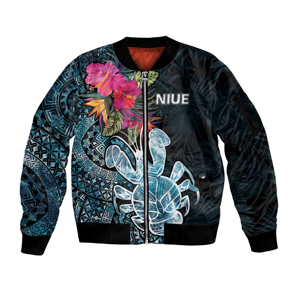 Niue Personalised Sleeve Zip Bomber Jacket Hiapo Mix Coconut Crab LT7 Unisex Art - Polynesian Pride