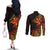 Niue Fakaalofa Atu Personalised Couples Matching Off The Shoulder Long Sleeve Dress and Long Sleeve Button Shirt Whale Hiapo Fiery Motif