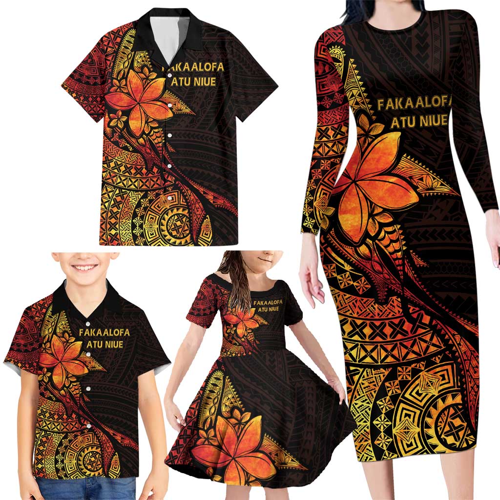 Niue Fakaalofa Atu Personalised Family Matching Long Sleeve Bodycon Dress and Hawaiian Shirt Whale Hiapo Fiery Motif