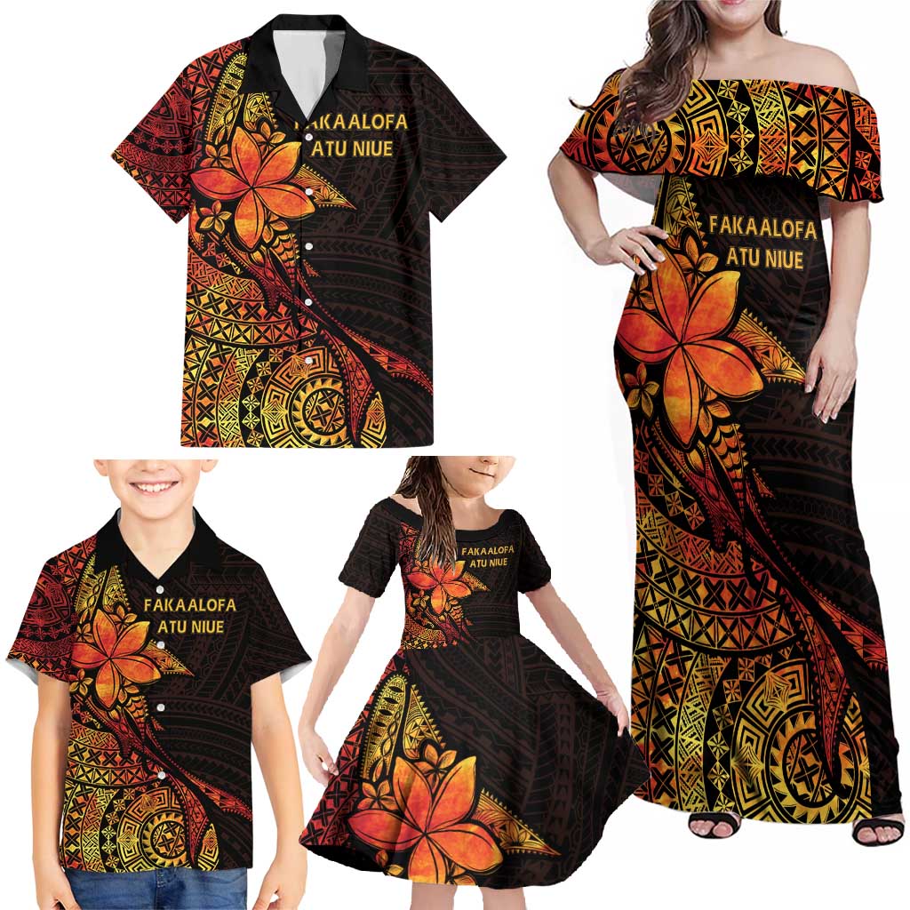 Niue Fakaalofa Atu Personalised Family Matching Off Shoulder Maxi Dress and Hawaiian Shirt Whale Hiapo Fiery Motif