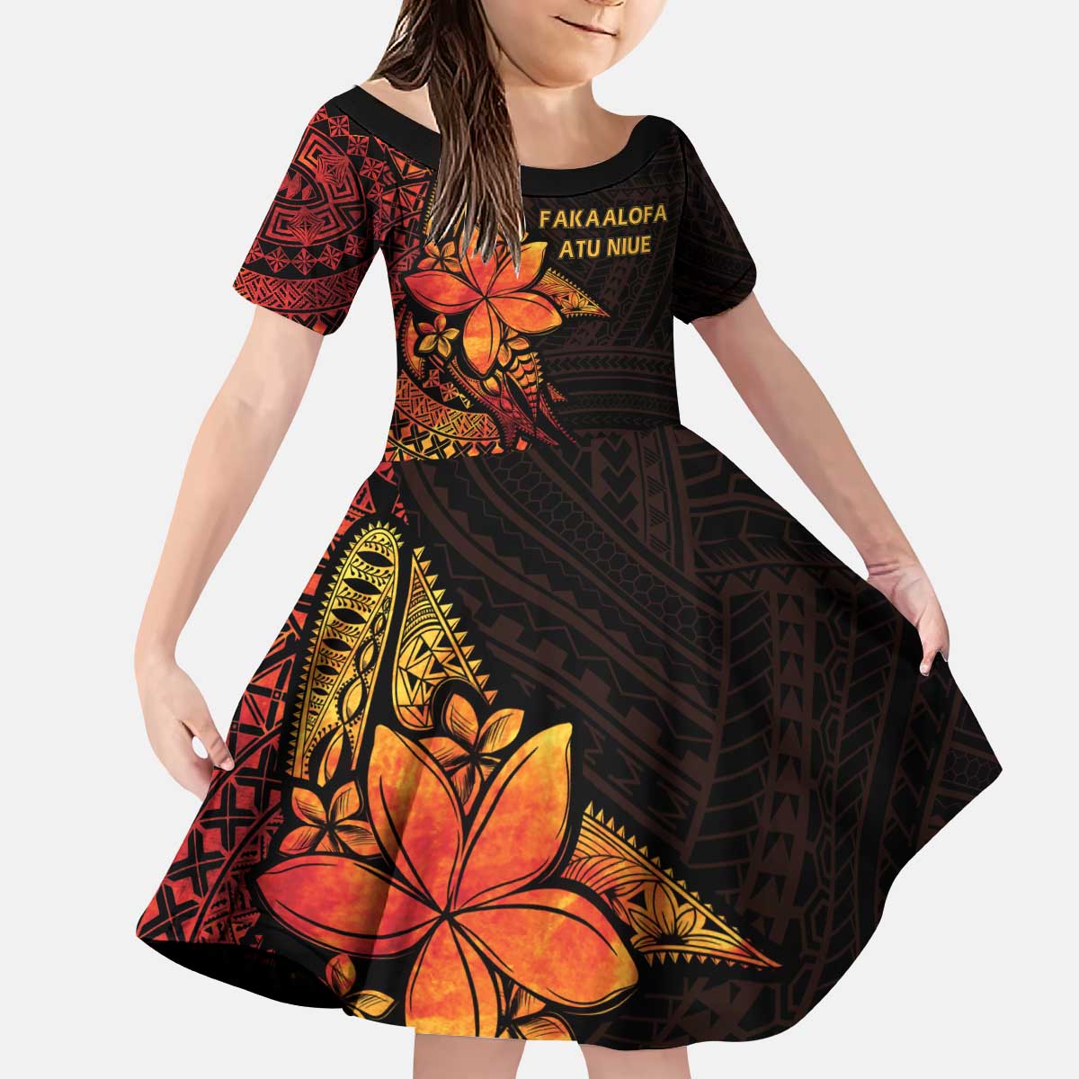 Niue Fakaalofa Atu Personalised Kid Short Sleeve Dress Whale Hiapo Fiery Motif LT7 KID Art - Polynesian Pride