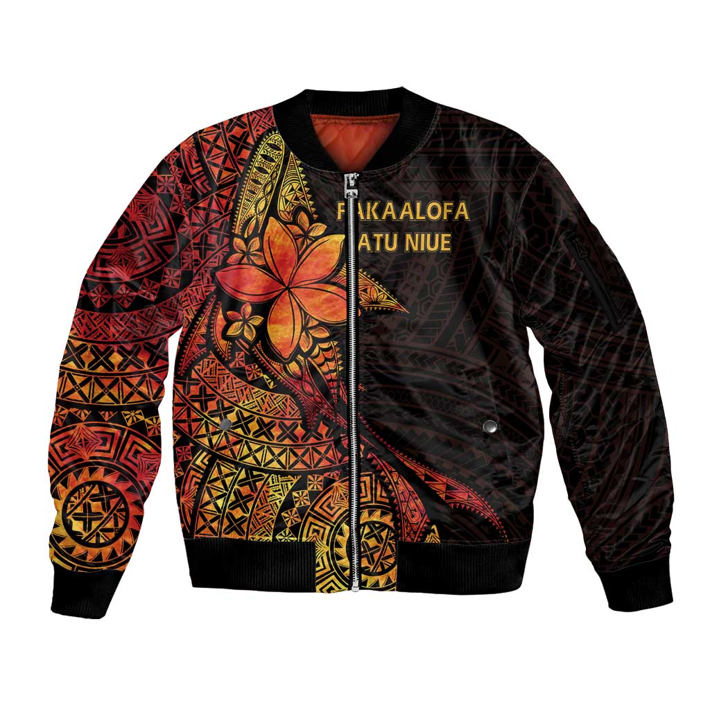 Niue Fakaalofa Atu Personalised Sleeve Zip Bomber Jacket Whale Hiapo Fiery Motif LT7 Unisex Art - Polynesian Pride