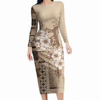 Samoa AIGA Mamanu Siapo Malu Motifs Long Sleeve Bodycon Dress LT7 Long Dress Beige - Polynesian Pride