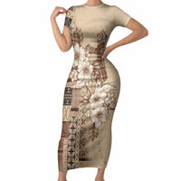 Samoa AIGA Mamanu Siapo Malu Motifs Short Sleeve Bodycon Dress LT7 Long Dress Beige - Polynesian Pride
