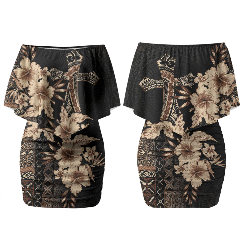 Samoa AIGA Mamanu Siapo Malu Motifs Couples Matching Off Shoulder Short Dress and Long Sleeve Button Shirt Black Ver LT7 - Polynesian Pride