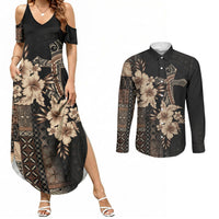 Samoa AIGA Mamanu Siapo Malu Motifs Couples Matching Summer Maxi Dress and Long Sleeve Button Shirt Black Ver LT7 Black - Polynesian Pride