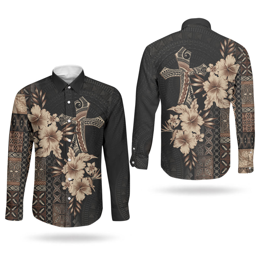 Samoa AIGA Mamanu Siapo Malu Motifs Couples Matching Summer Maxi Dress and Long Sleeve Button Shirt Black Ver LT7 - Polynesian Pride