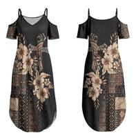 Samoa AIGA Mamanu Siapo Malu Motifs Couples Matching Summer Maxi Dress and Long Sleeve Button Shirt Black Ver LT7 - Polynesian Pride