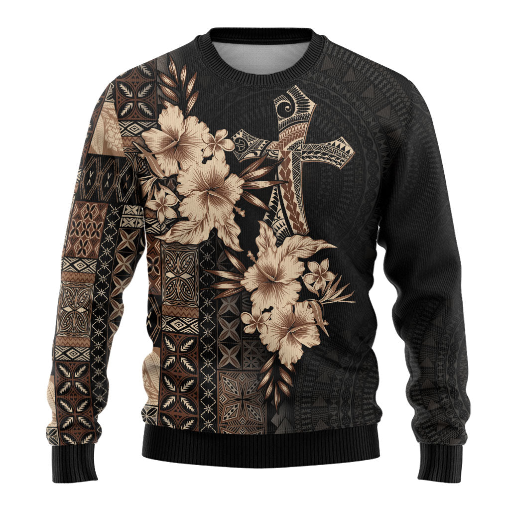 Samoa AIGA Mamanu Siapo Malu Motifs Ugly Christmas Sweater Black Ver LT7 - Polynesian Pride