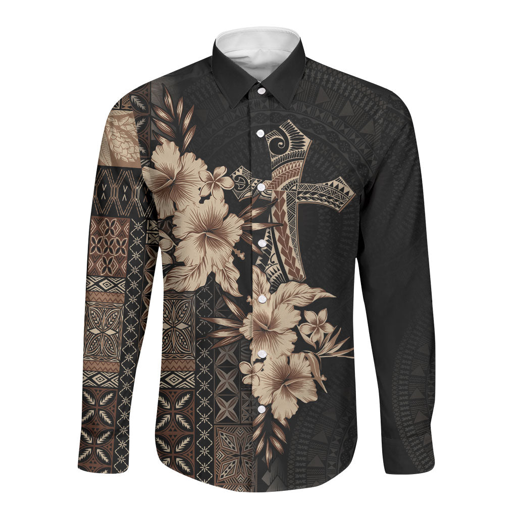 Samoa AIGA Mamanu Siapo Malu Motifs Long Sleeve Button Shirt Black Ver LT7 Unisex Black - Polynesian Pride