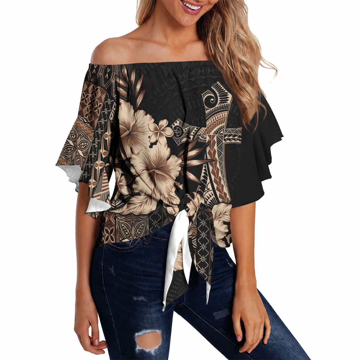 Samoa AIGA Mamanu Siapo Malu Motifs Off Shoulder Wrap Waist Top Black Ver LT7 Black - Polynesian Pride
