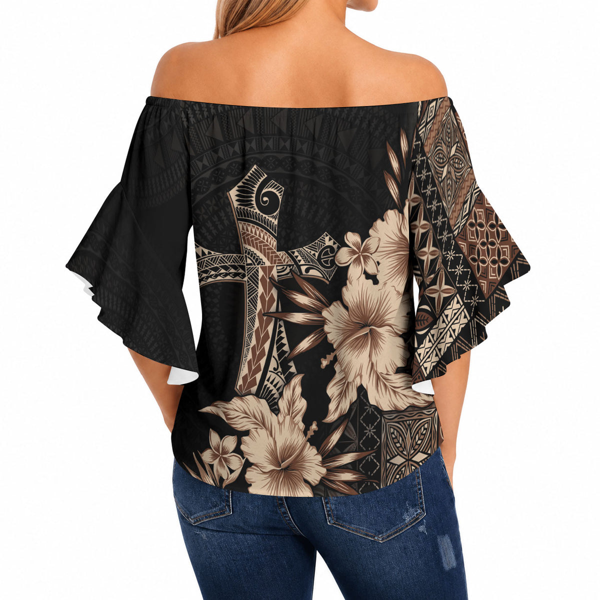 Samoa AIGA Mamanu Siapo Malu Motifs Off Shoulder Wrap Waist Top Black Ver LT7 - Polynesian Pride