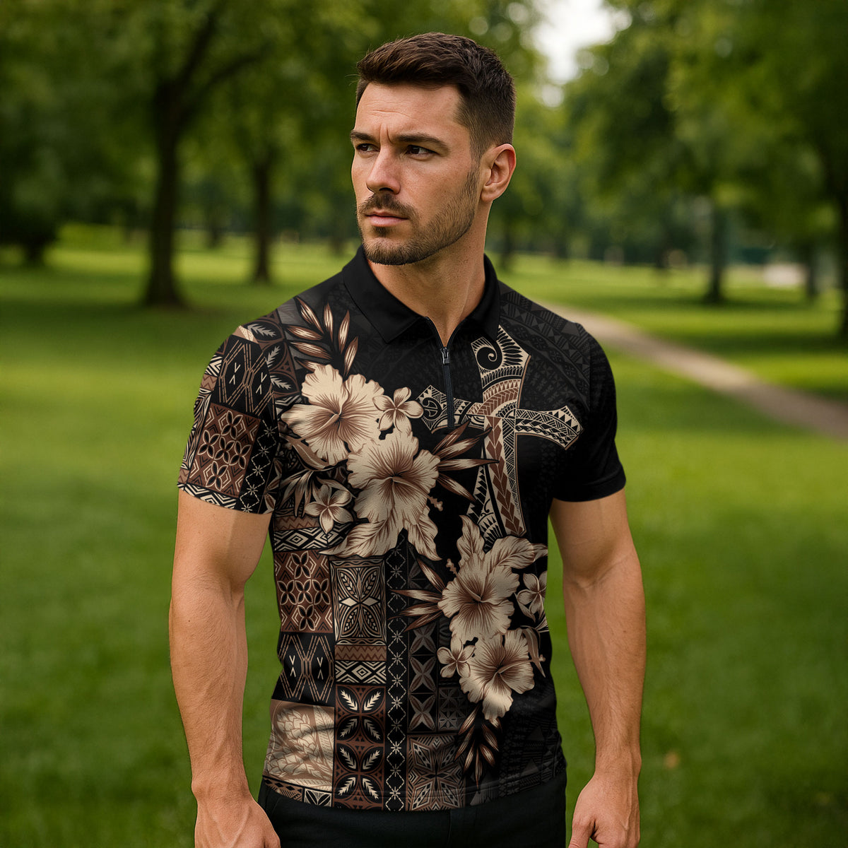 Samoa AIGA Mamanu Siapo Malu Motifs Zipper Polo Shirt Black Ver LT7 - Polynesian Pride