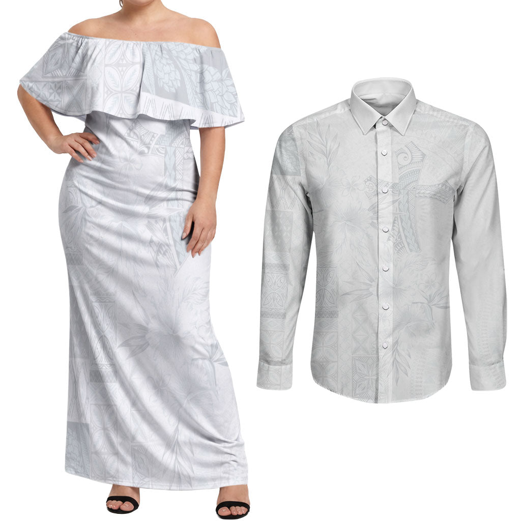 Samoa AIGA Mamanu Siapo Malu Motifs Couples Matching Off Shoulder Maxi Dress and Long Sleeve Button Shirt Lotu a Tamaiti White Ver