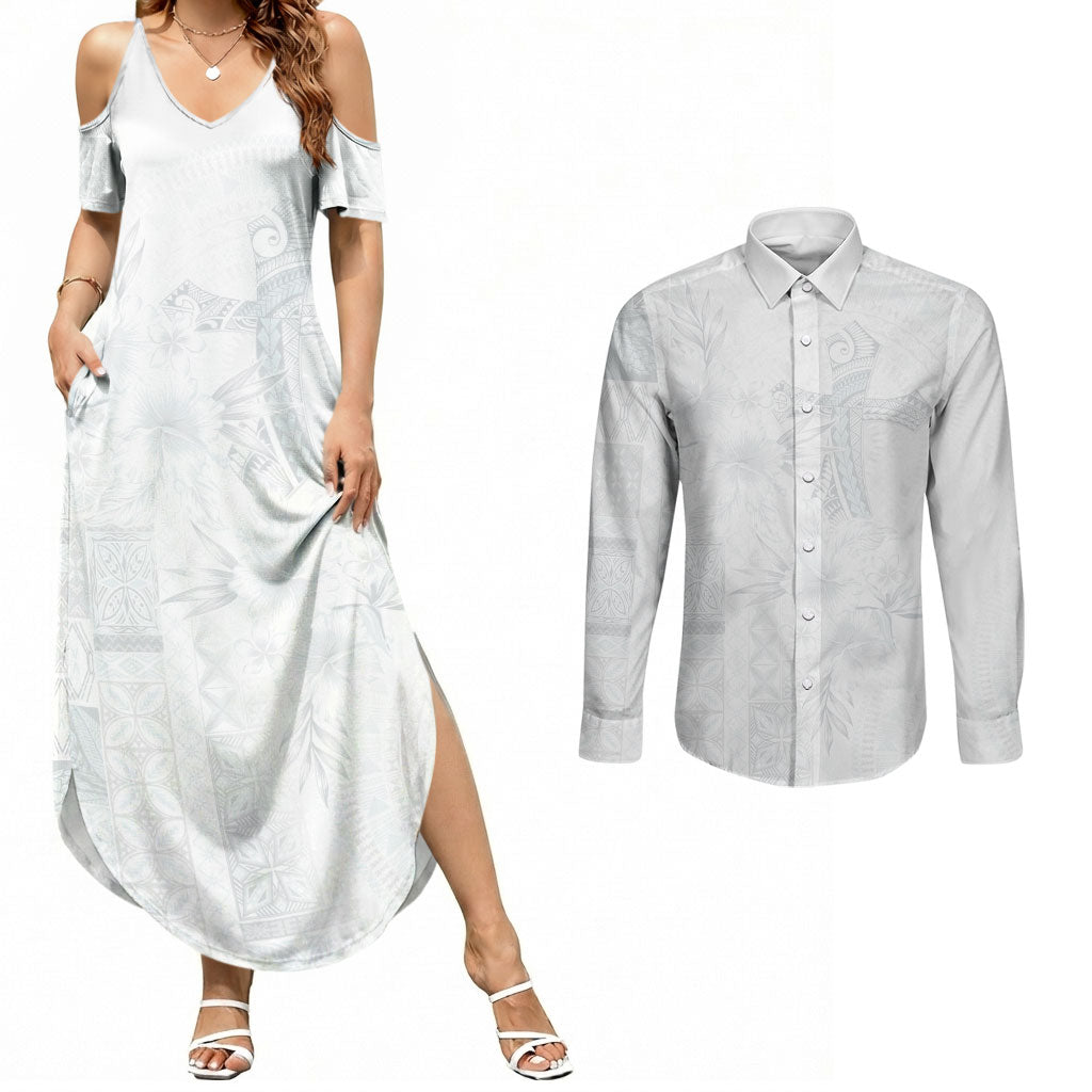 Samoa AIGA Mamanu Siapo Malu Motifs Couples Matching Summer Maxi Dress and Long Sleeve Button Shirt Lotu a Tamaiti White Ver