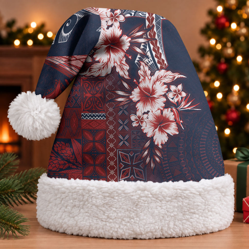 Samoa AIGA Mamanu Siapo Malu Motifs Christmas Santa Hat Flag Color LT7 With Fur Navy Blue - Polynesian Pride