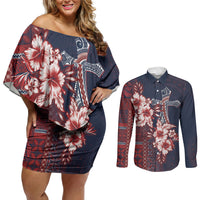 Samoa AIGA Mamanu Siapo Malu Motifs Couples Matching Off Shoulder Short Dress and Long Sleeve Button Shirt Flag Color LT7 Navy Blue - Polynesian Pride