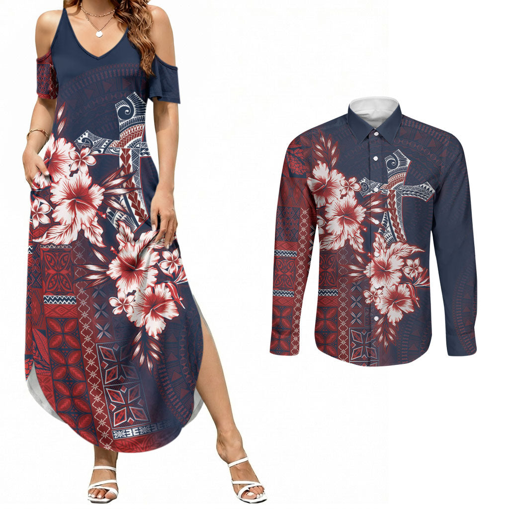 Samoa AIGA Mamanu Siapo Malu Motifs Couples Matching Summer Maxi Dress and Long Sleeve Button Shirt Flag Color LT7 Navy Blue - Polynesian Pride
