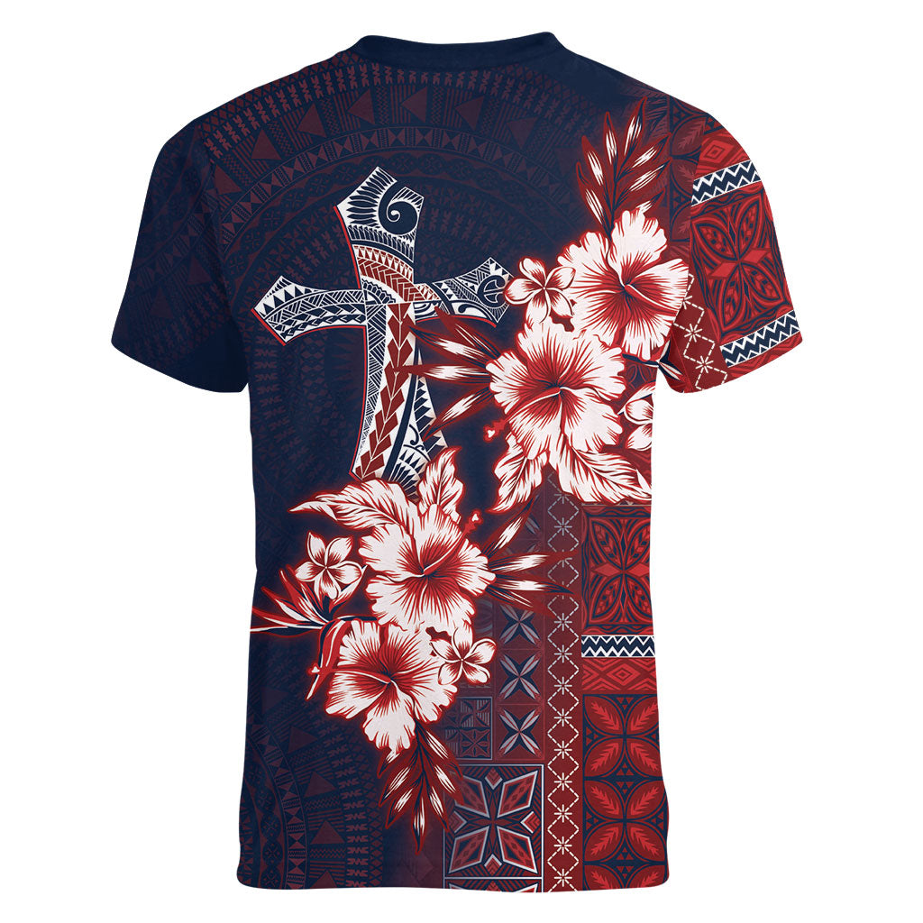 Samoa AIGA Mamanu Siapo Malu Motifs Women V-Neck T-Shirt Flag Color LT7 - Polynesian Pride