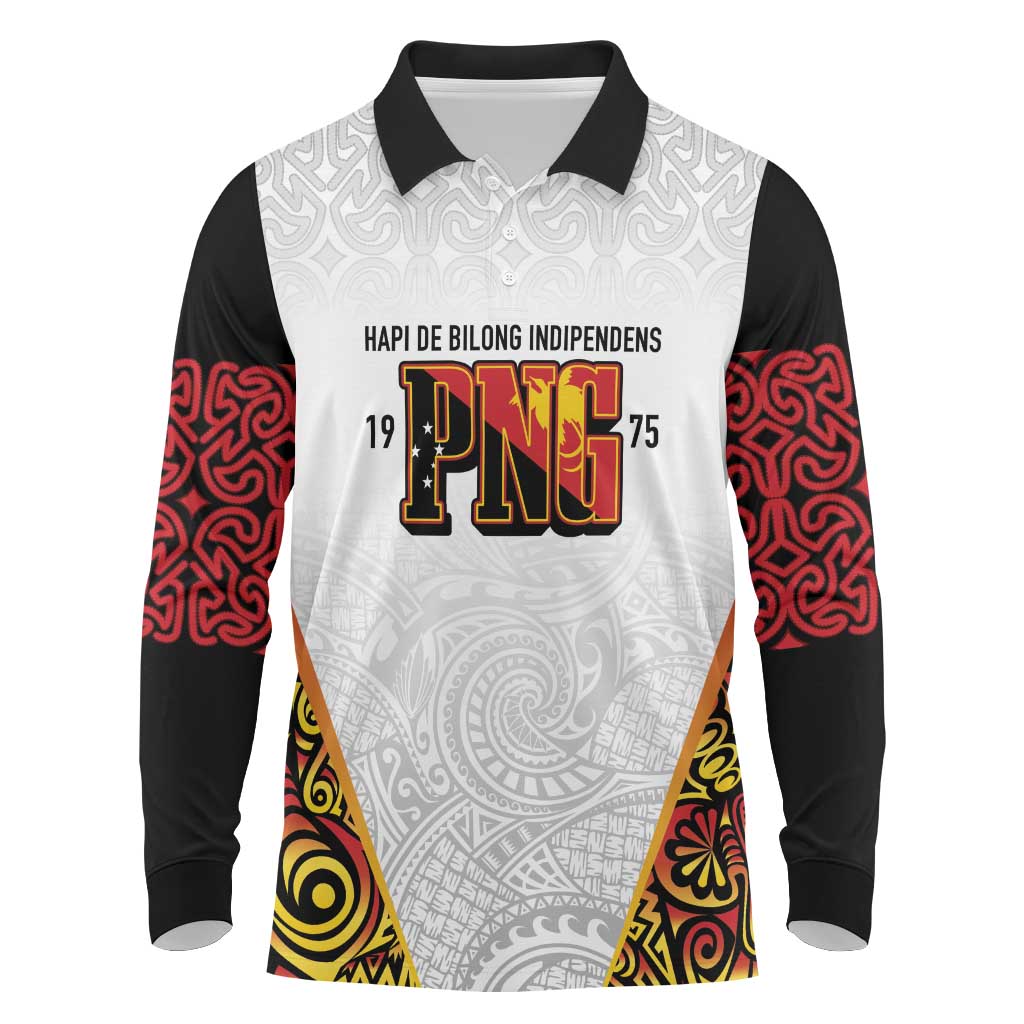 Personalized Papua New Guinea Long Sleeve Polo Shirt Hapi De bilong Indipendens PNG LT7 White - Polynesian Pride