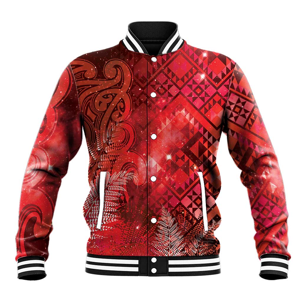 Aotearoa Taniko Matariki Baseball Jacket Cosmic Red LT7 Unisex Red - Polynesian Pride