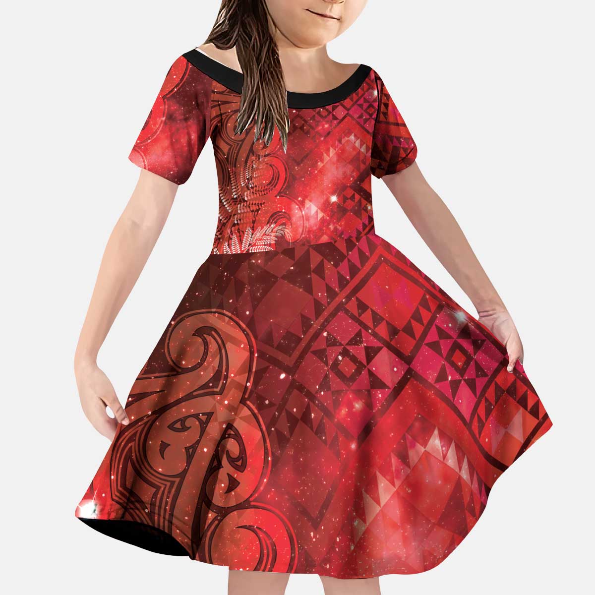 Aotearoa Taniko Matariki Kid Short Sleeve Dress Cosmic Red LT7 KID Red - Polynesian Pride