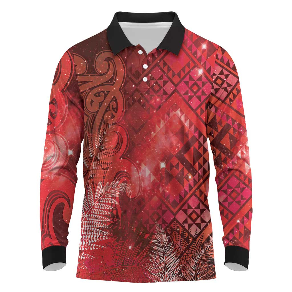 Aotearoa Taniko Matariki Long Sleeve Polo Shirt Cosmic Red LT7 Red - Polynesian Pride