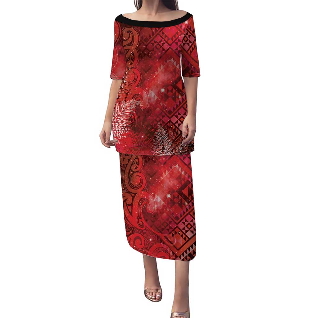 Aotearoa Taniko Matariki Puletasi Cosmic Red LT7 Long Dress Red - Polynesian Pride