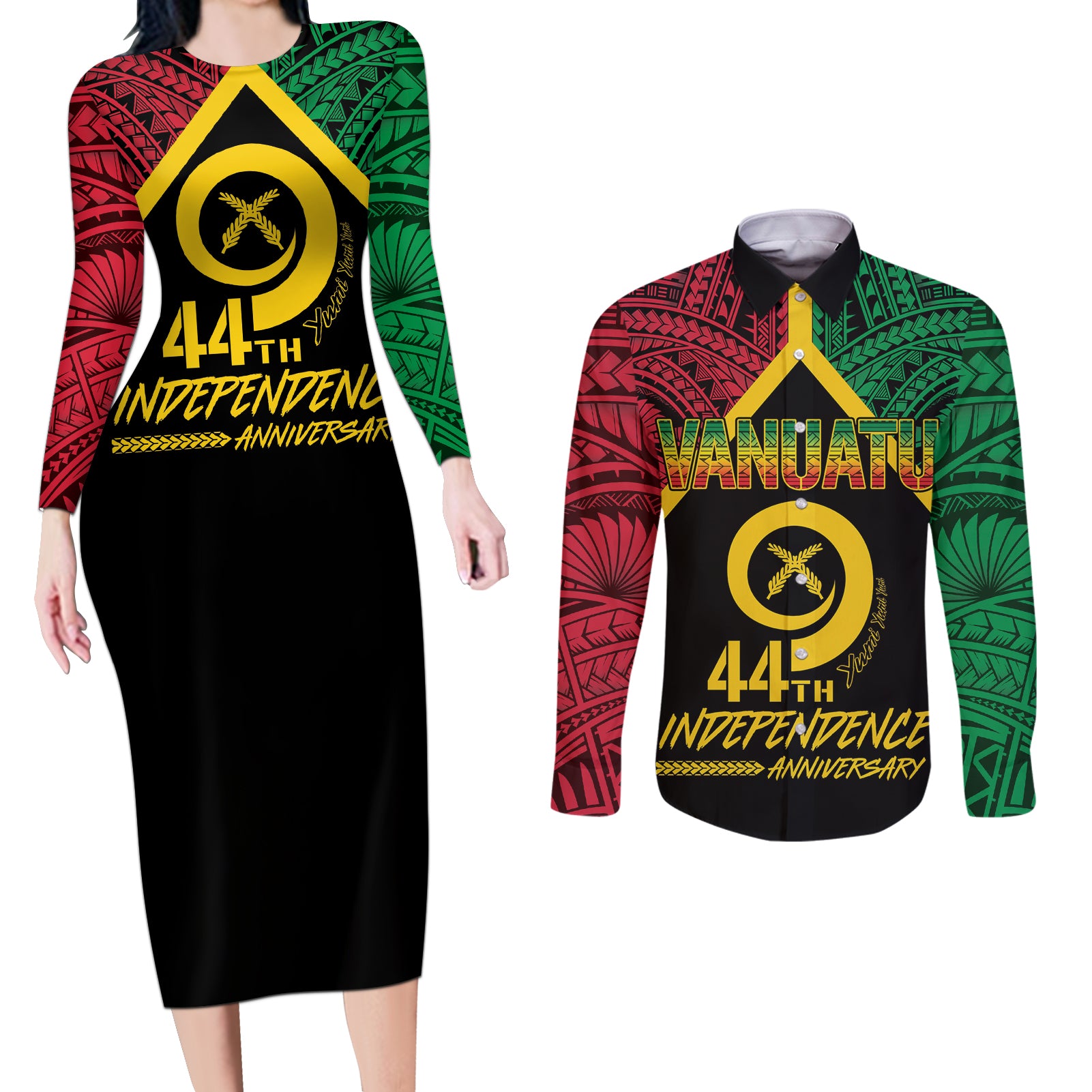 Vanuatu 44th Independence Anniversary Couples Matching Long Sleeve Bodycon Dress and Long Sleeve Button Shirt