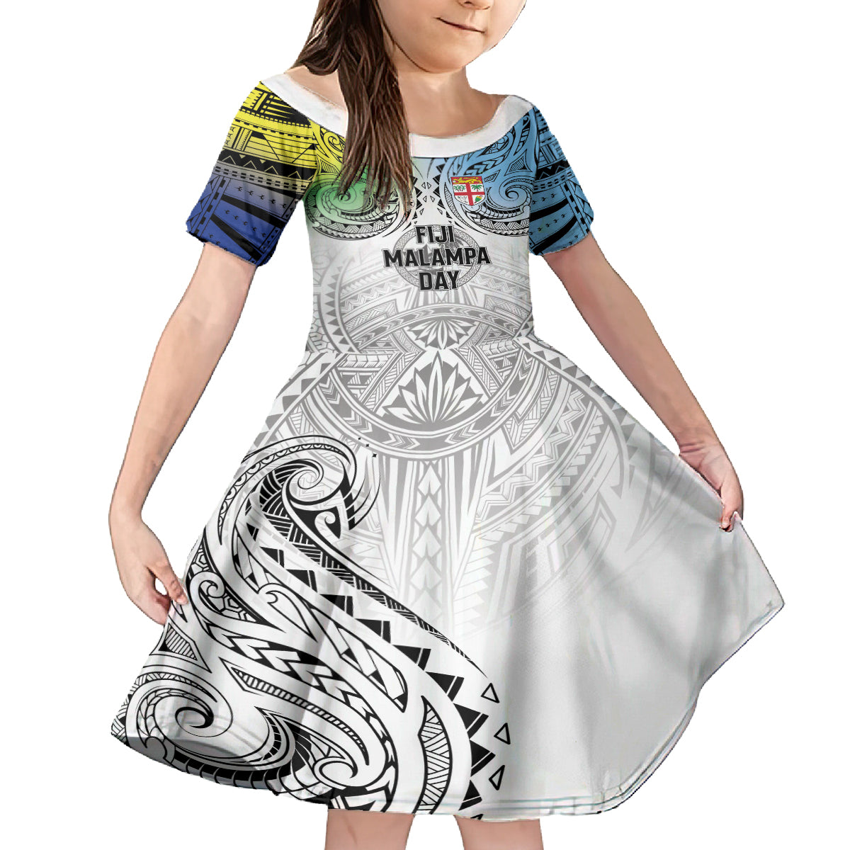 Malampa Fiji Day Kid Short Sleeve Dress Gradient Style LT7 KID White - Polynesian Pride
