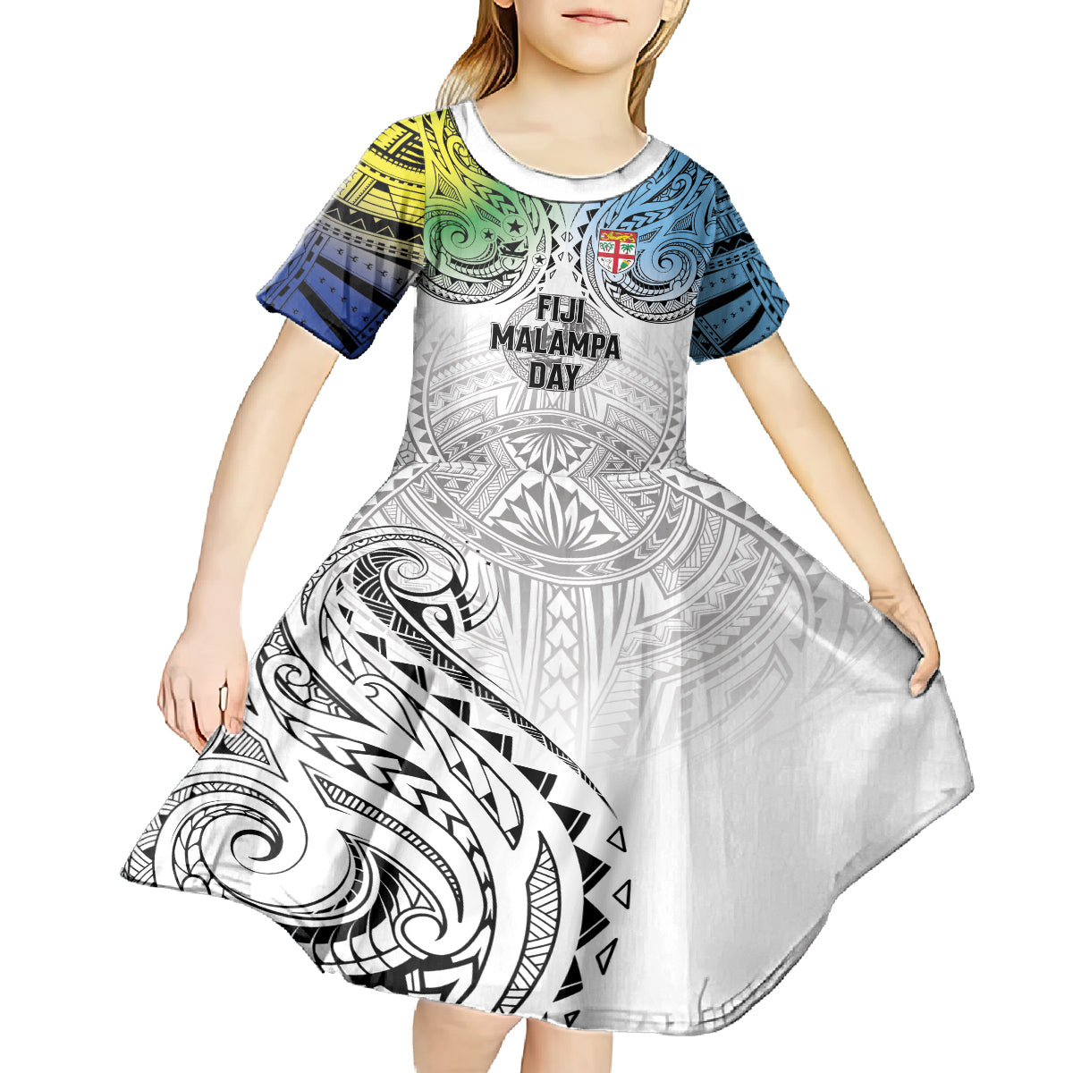 Malampa Fiji Day Kid Short Sleeve Dress Gradient Style LT7 - Polynesian Pride